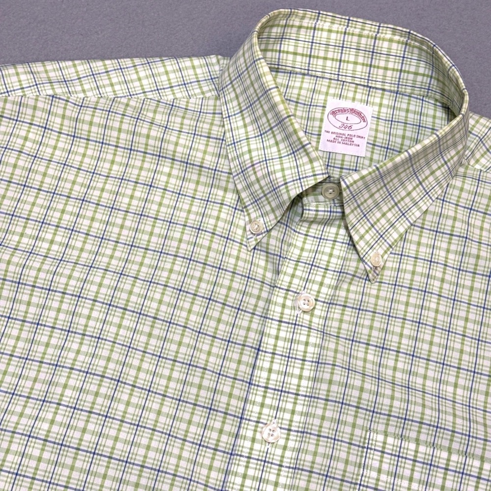 BROOKS BROTHERS 346 Original Polo Shirt Mens Large Green Plaid Non-Iron Cotton